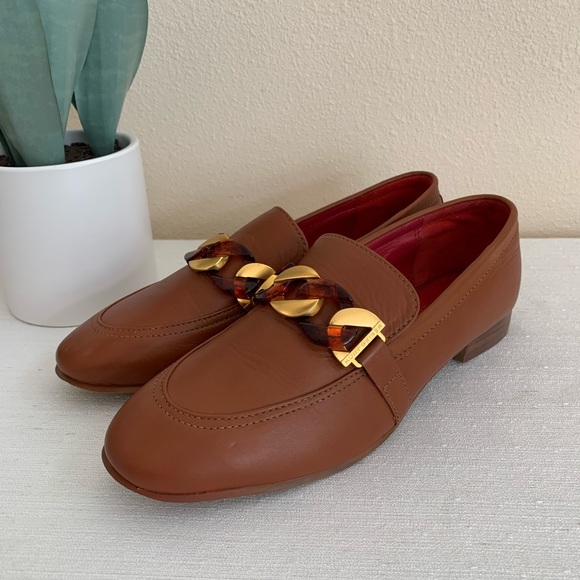 New Kurt Geiger London Kiara Camel Leather Gold Chain Loafers Woman’s EU38 US7 - Picture 1 of 11